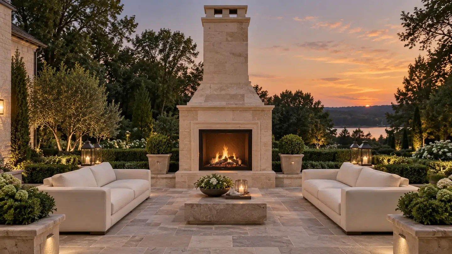 Design concept of a tall limestone outdoor fireplace framing a symmetrical garden lounge at sunset