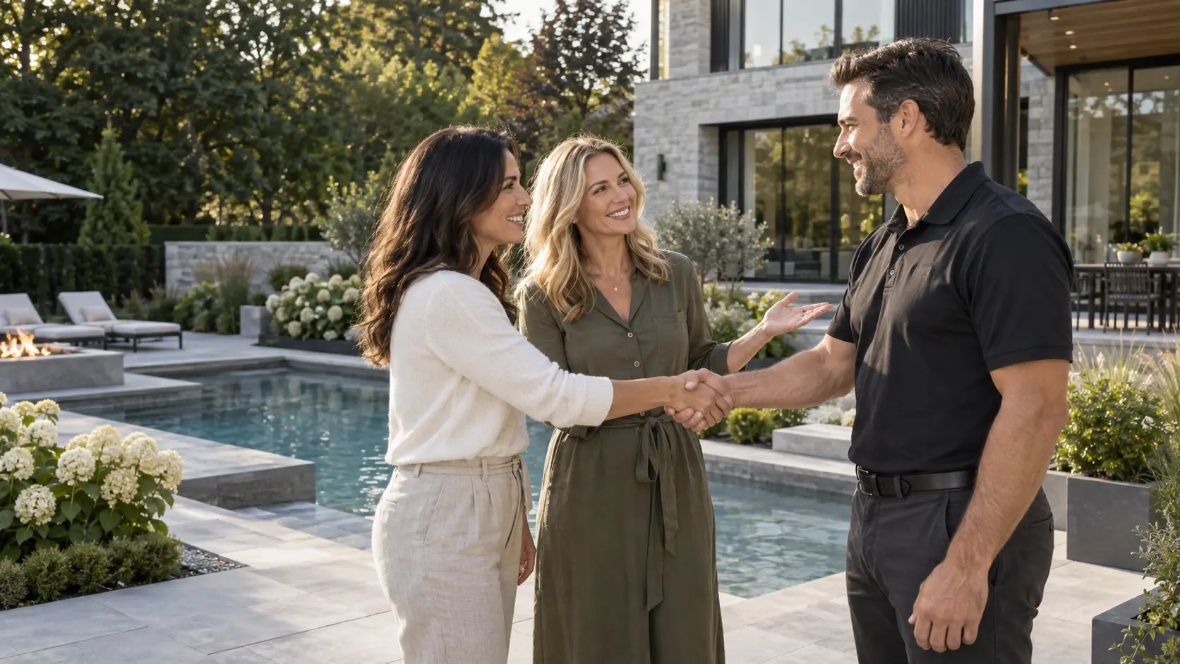 Milton Stone referral program concept: a homeowner introduces a friend to a landscape professional beside a pool