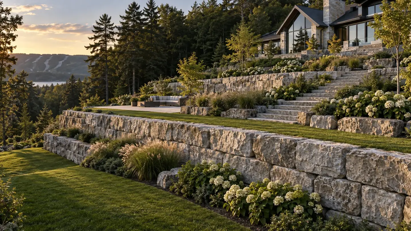 Estate landscape design concept with terraced armour stone retaining walls, broad stone steps and layered gardens