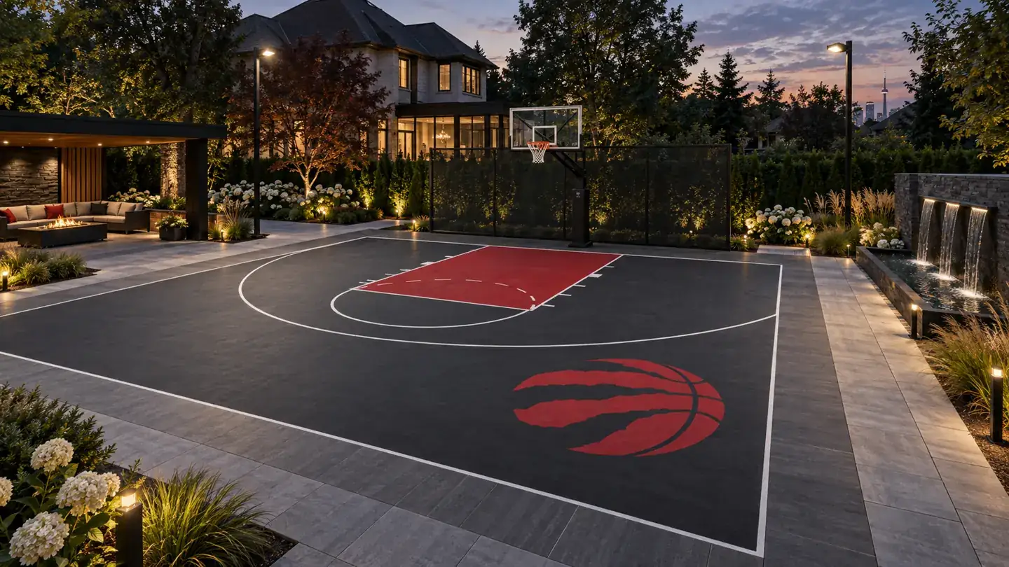 Raptors themed charcoal and red half court with a lounge pavilion, waterfall and evening landscape lighting