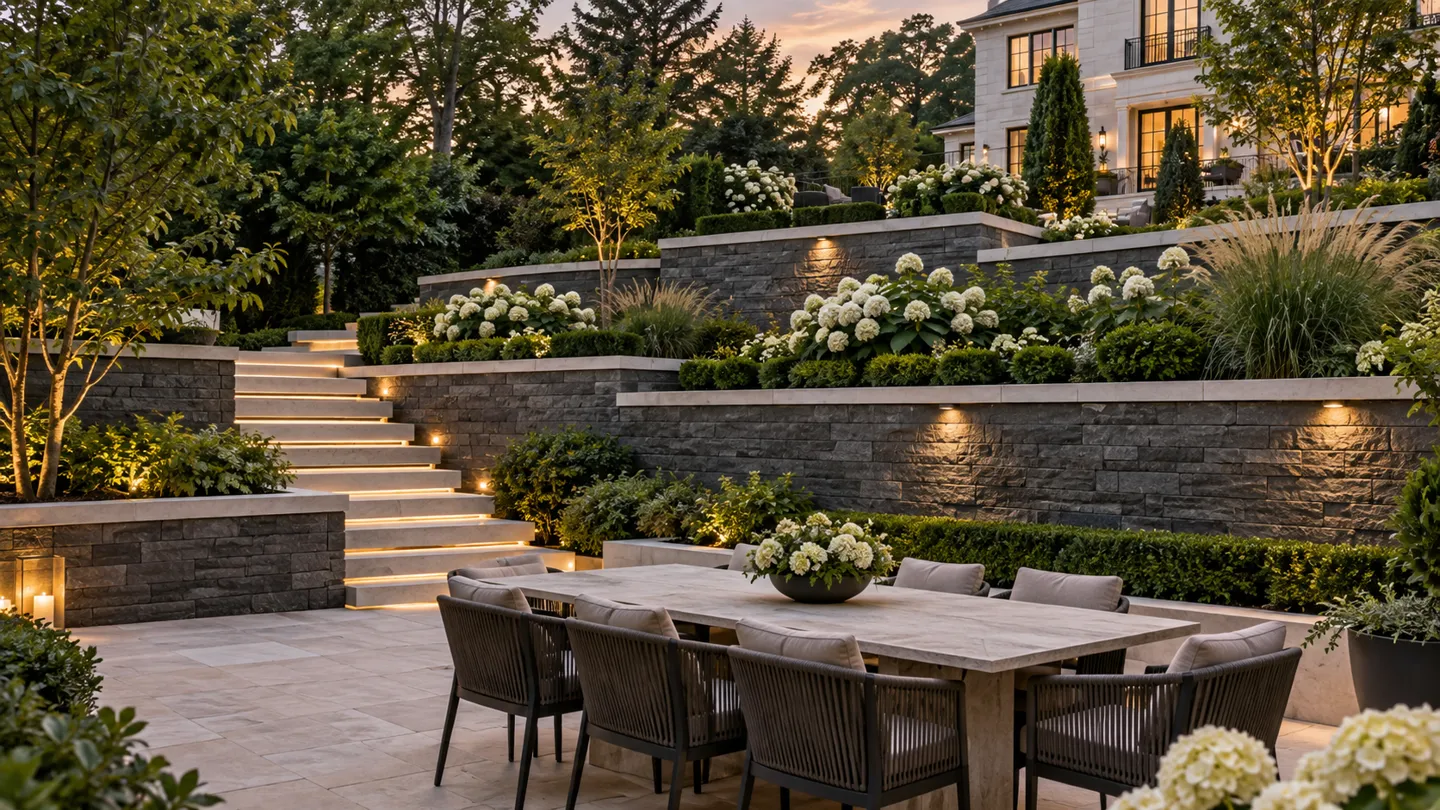 Terraced patio with tiered stone retaining walls, integrated lighting, outdoor dining area, ornamental grasses and hydrangeas at dusk