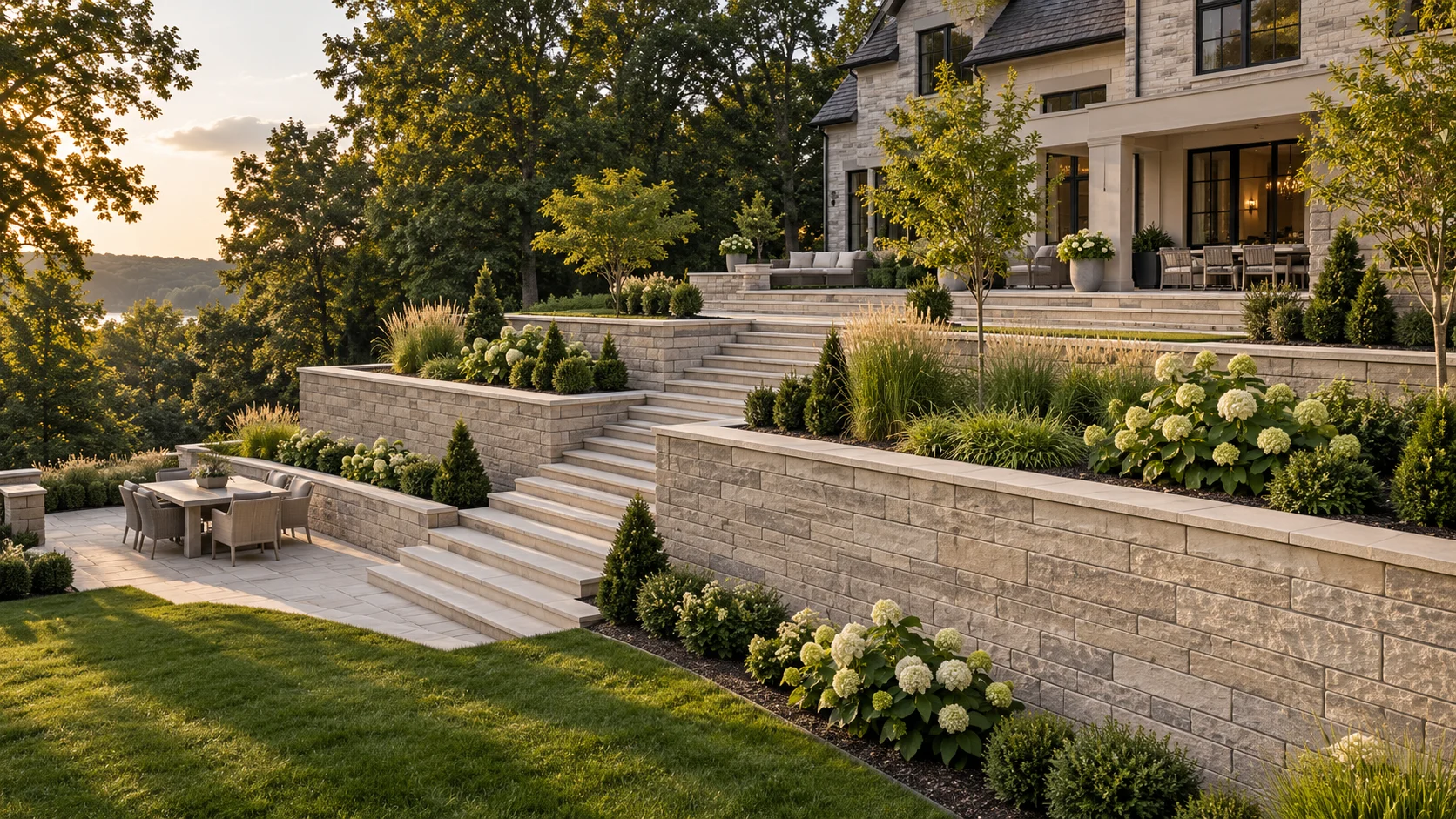 terraced segmental retaining walls with wide stone steps and planted gardens beside a limestone estate