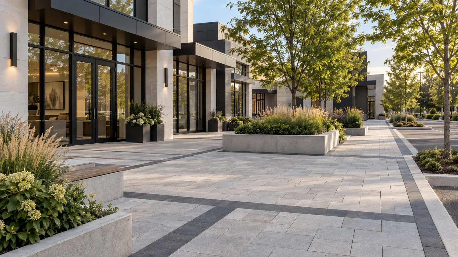 Modern commercial plaza with large format pavers in alternating bands, concrete planters with ornamental grasses, and contemporary building facades