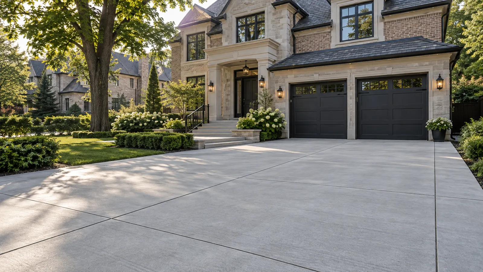 a grey concrete driveway with control joints beside an Ontario brick home