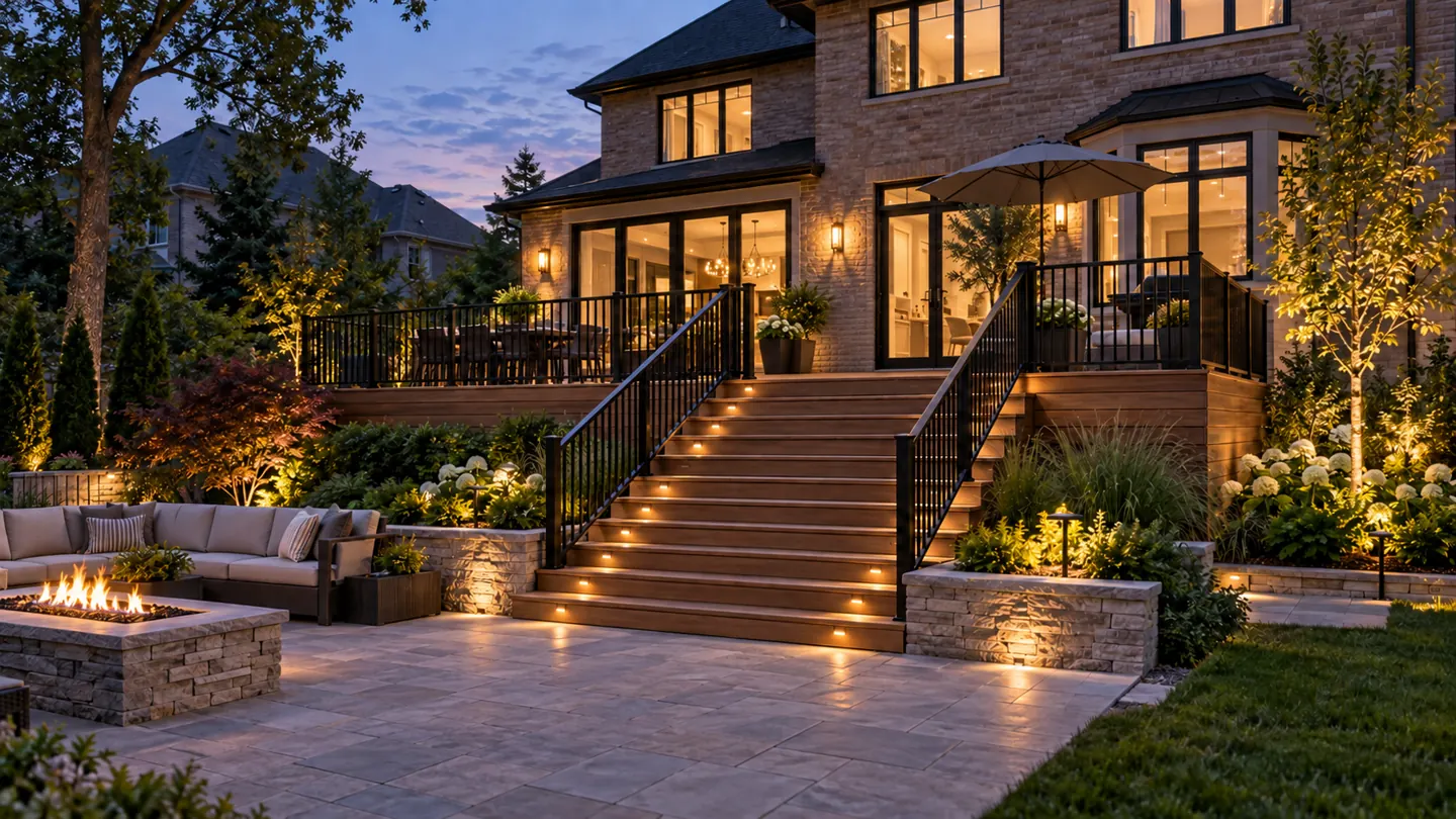 Wood deck stair design with integrated lighting, a clear landing and an adjoining garden terrace
