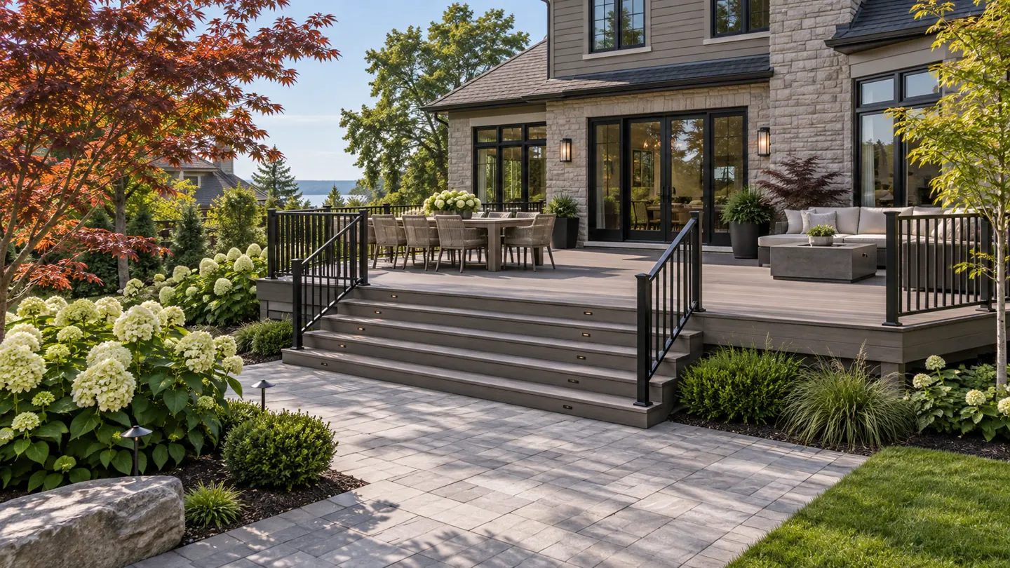 Composite deck design with broad stairs, black railings and separate dining and lounge areas