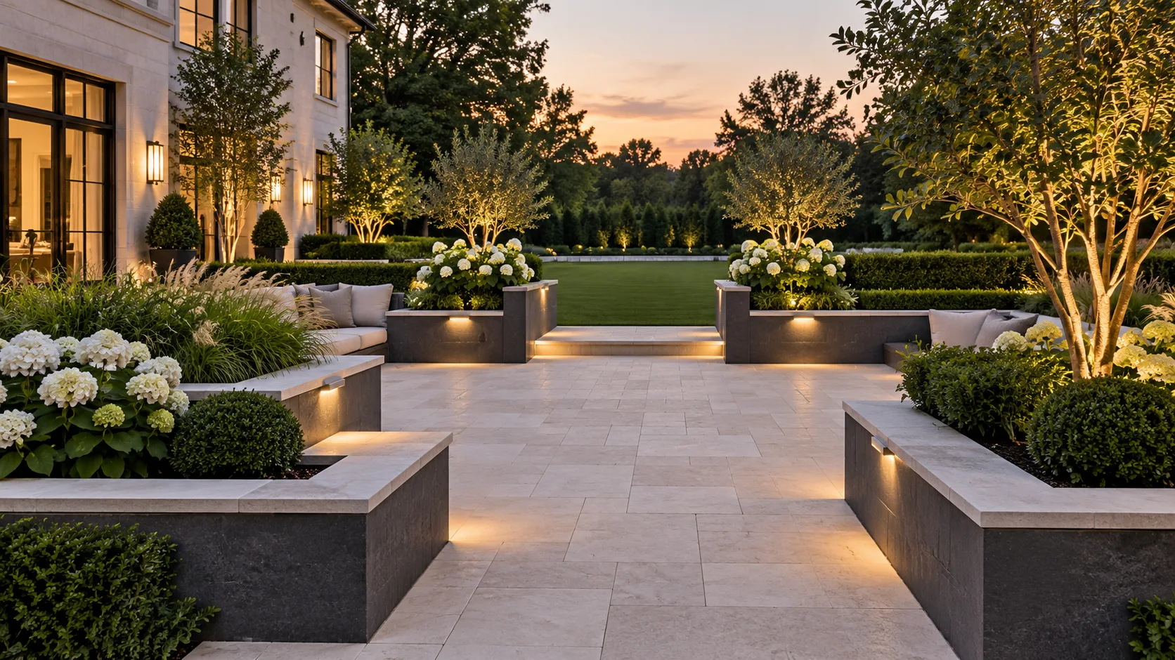 Milton Stone — Illuminated garden terraces with hydrangeas, sculptural trees and pale stone paving