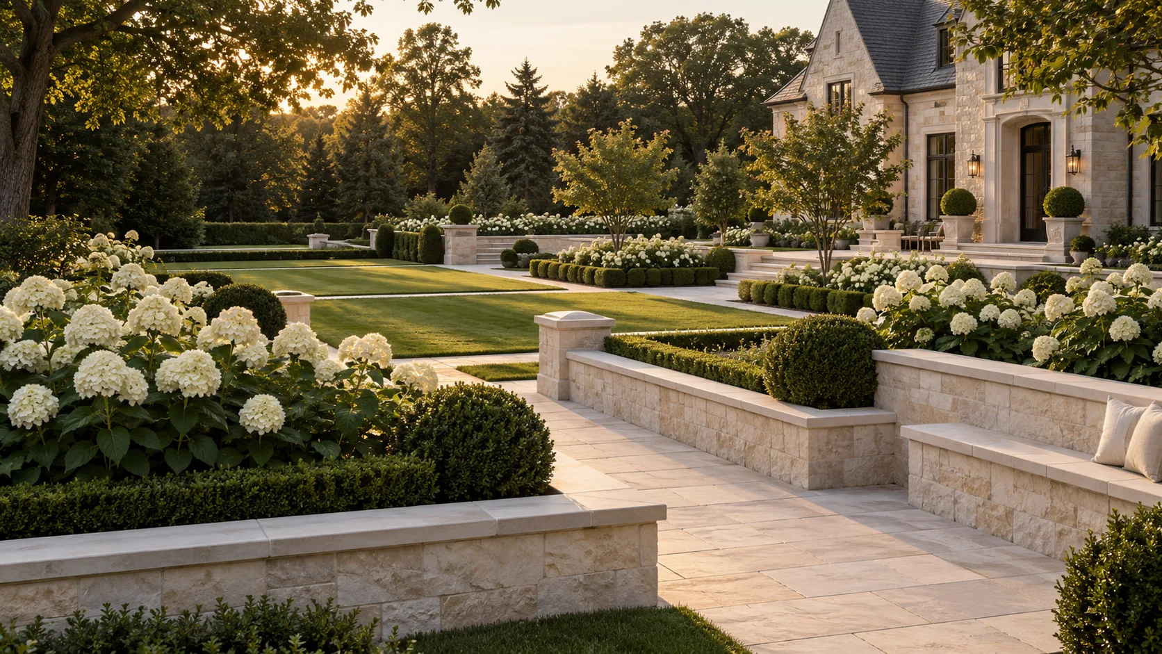 Milton Stone — Formal front garden with hydrangeas, clipped hedges and limestone terraces