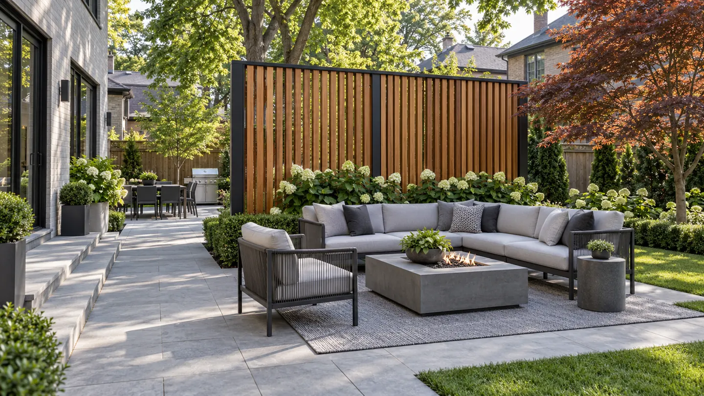 Modern backyard patio with large-format pavers, sectional sofa with concrete fire table, vertical wood slat privacy screen, and planter boxes with hydrangeas