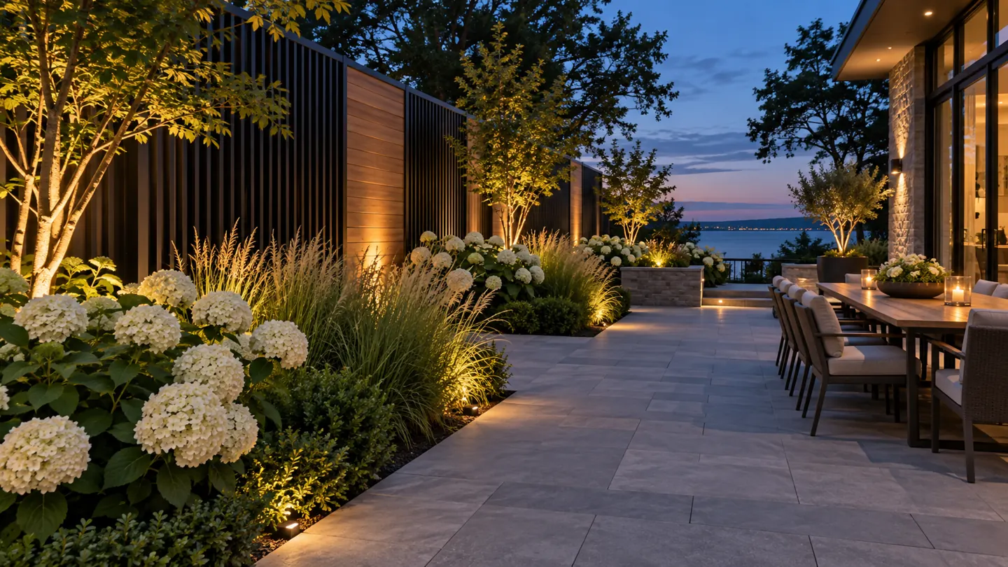 Luxury rooftop terrace with large format pavers, uplighting on ornamental grasses and hydrangeas, outdoor dining area at dusk