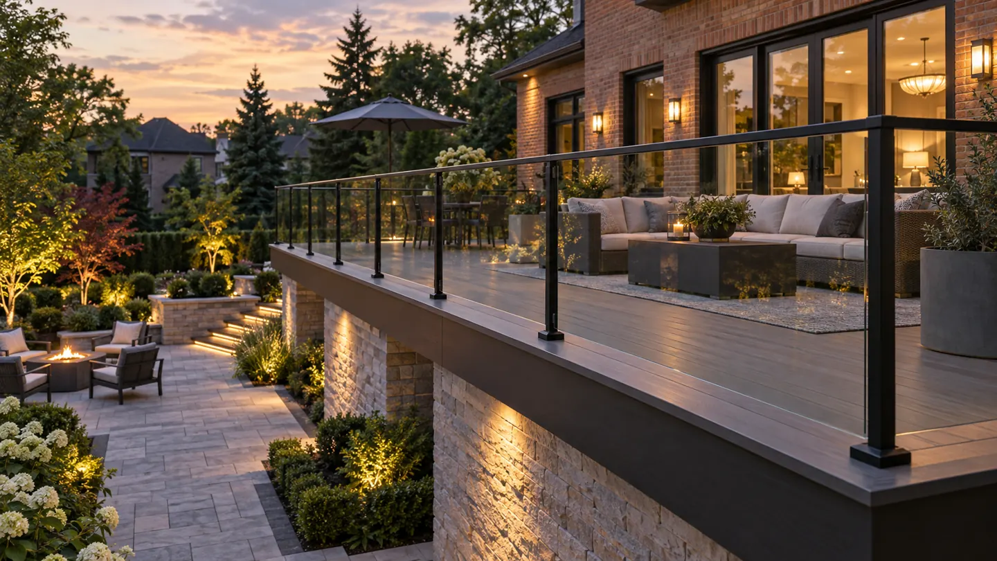 Glass deck guardrails with slender black posts overlooking an illuminated garden