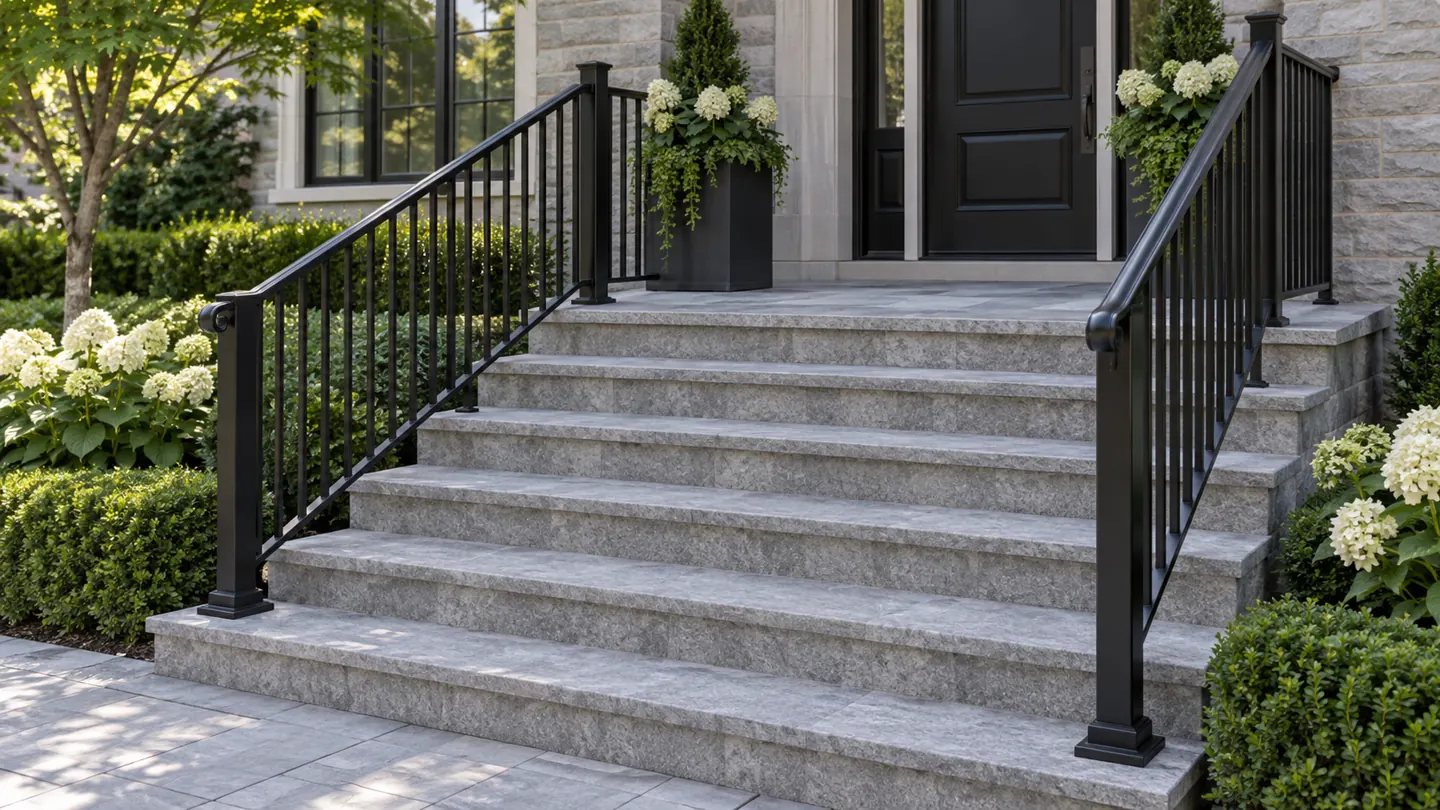 Granite entry steps with black aluminum railings flanked by boxwood hedges and white hydrangeas leading to double doors.