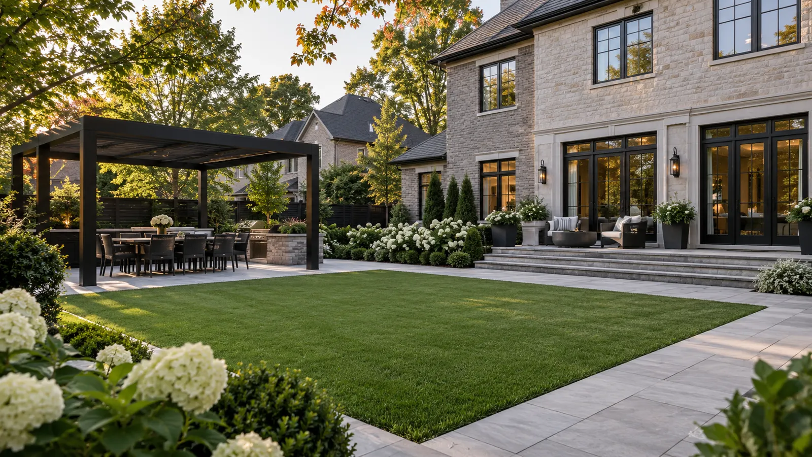 Manicured backyard with rectangular lawn, hydrangeas, stone patio, black pergola over dining area, and modern two-story home.