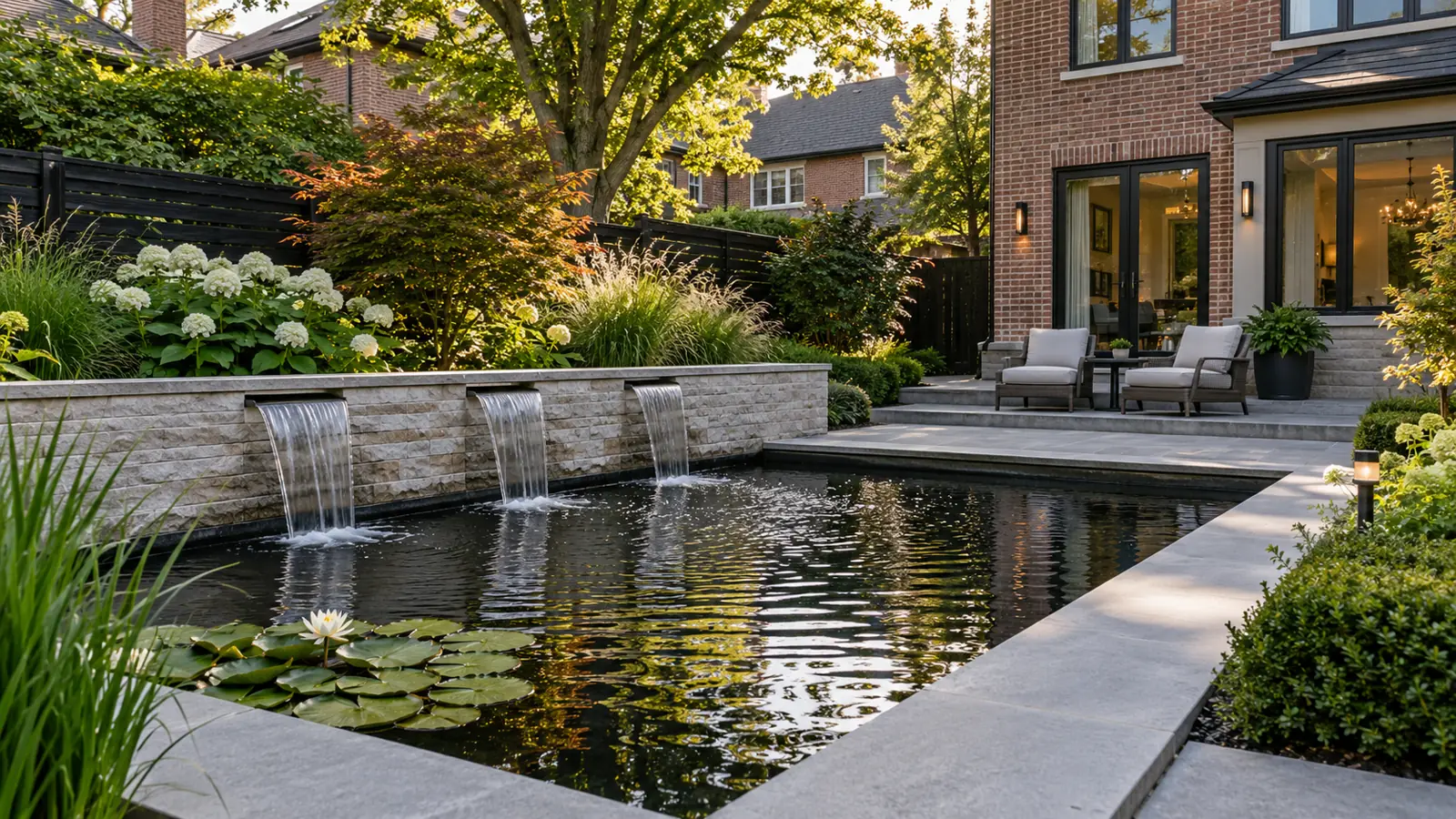 Milton Stone architectural pond garden with three stone spillways, water lilies and terrace seating
