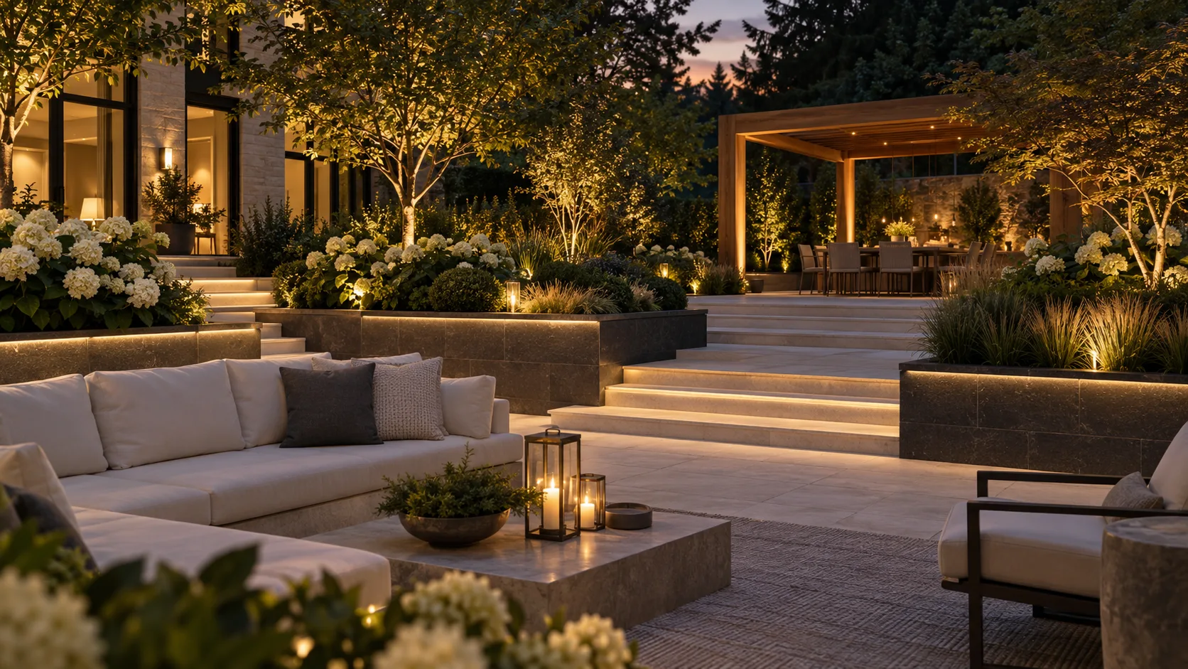 Milton Stone — Evening backyard lounge with illuminated steps, layered planting and a dining pavilion