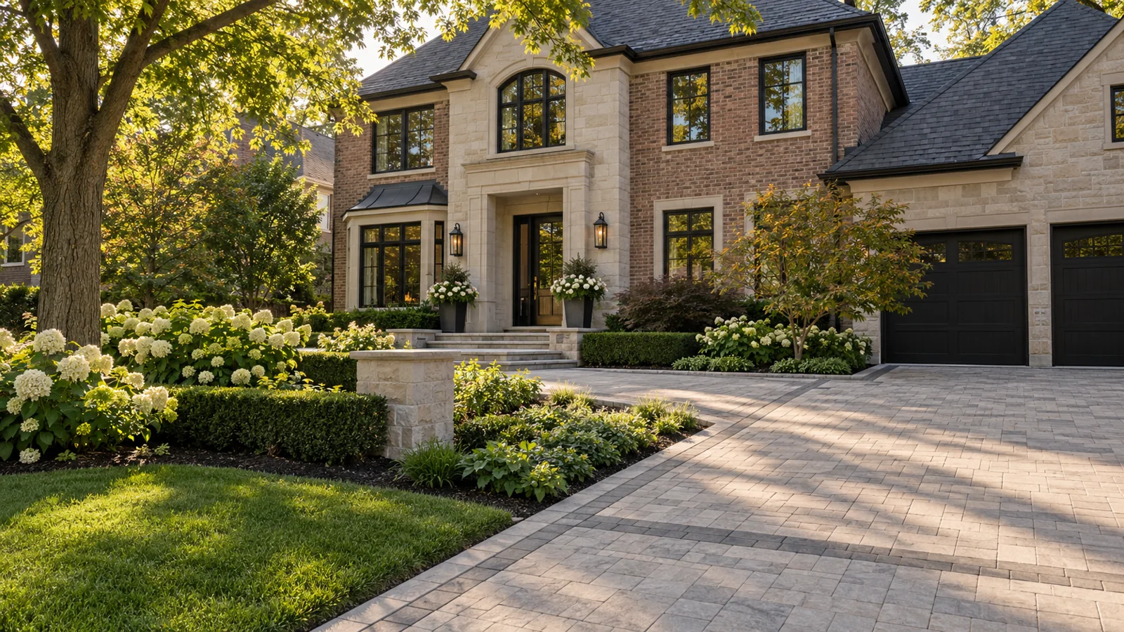 Two-story brick and stone home with paver driveway, manicured lawn, boxwood hedges, and white hydrangea plantings