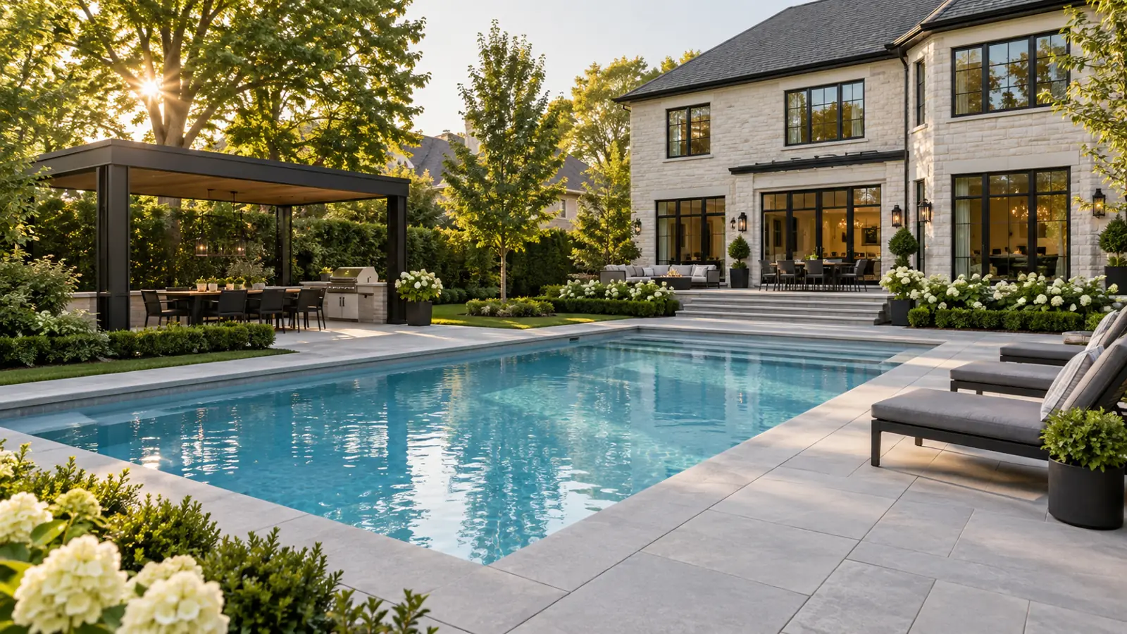 Milton Stone pool design with stone terrace, pavilion and two-storey home