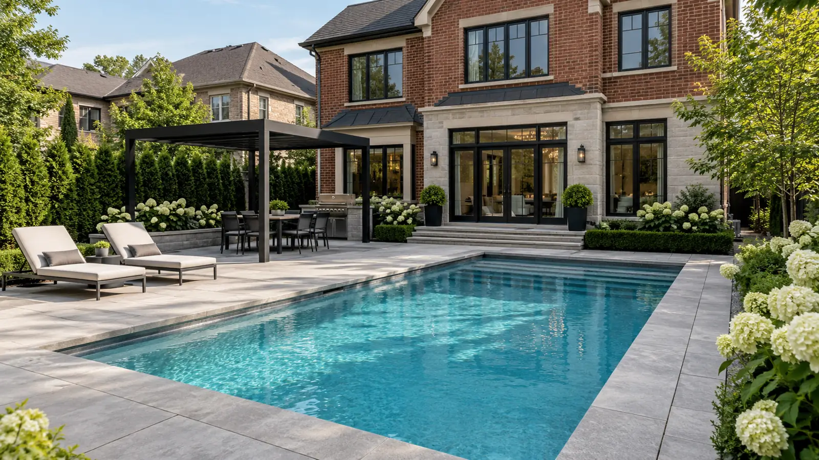 Milton Stone plunge pool design with grey stone terrace, black pergola and brick suburban home
