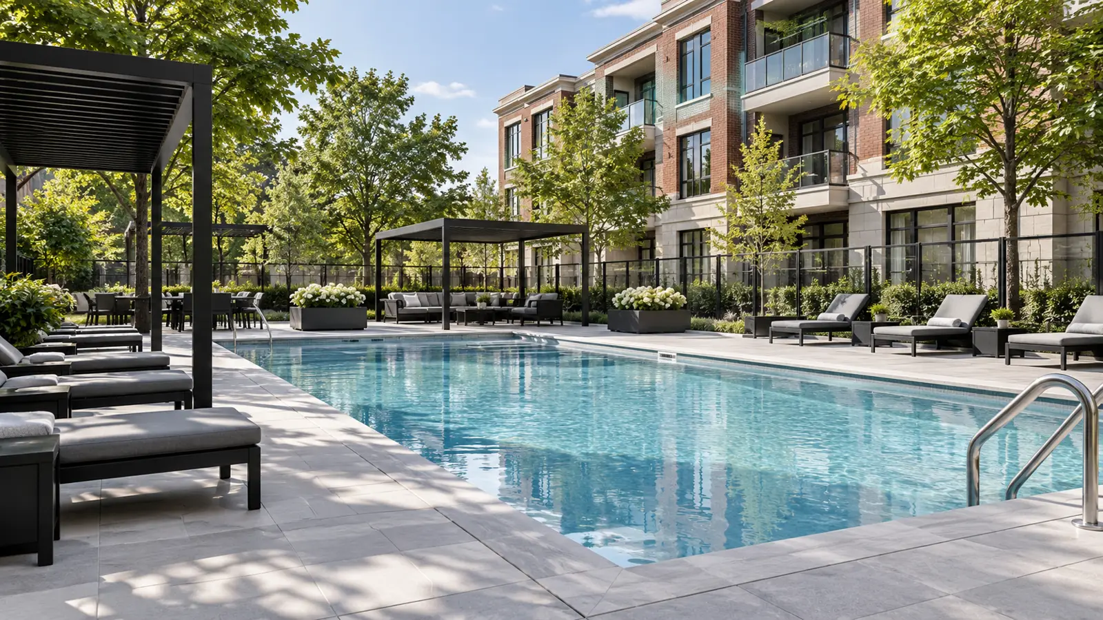 Rectangular swimming pool with limestone coping and pavers, black metal pergolas, lounge chairs, and white hydrangea plantings at modern townhome complex.