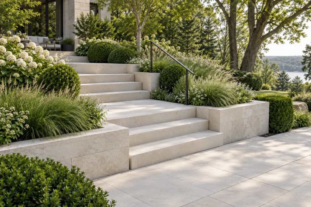 Concrete steps with integrated planters featuring rounded boxwood, ornamental grasses, and white hydrangeas overlooking water