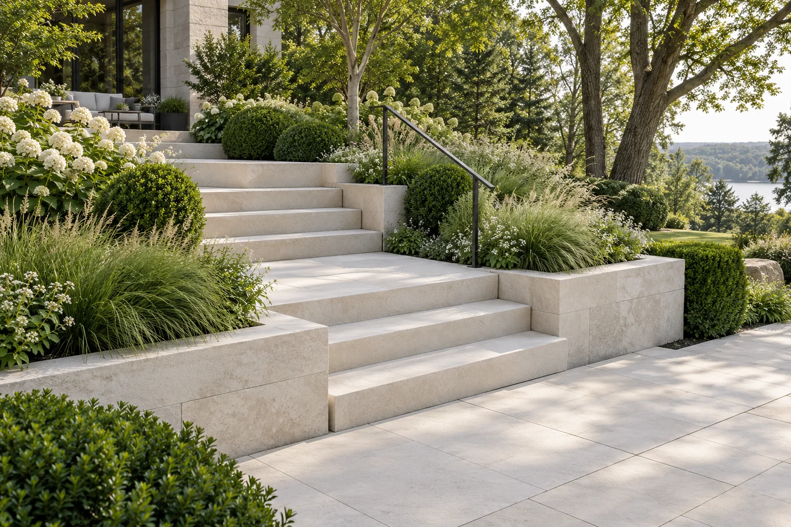 Milton Stone garden-stair design reference: pale treads and planted terraces