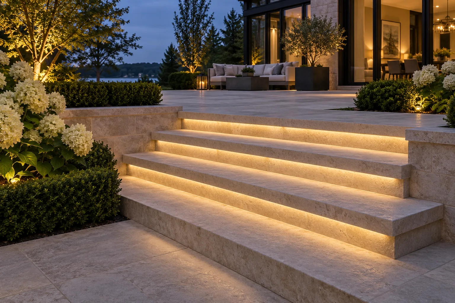 Milton Stone evening-terrace design reference: steps with integrated lighting