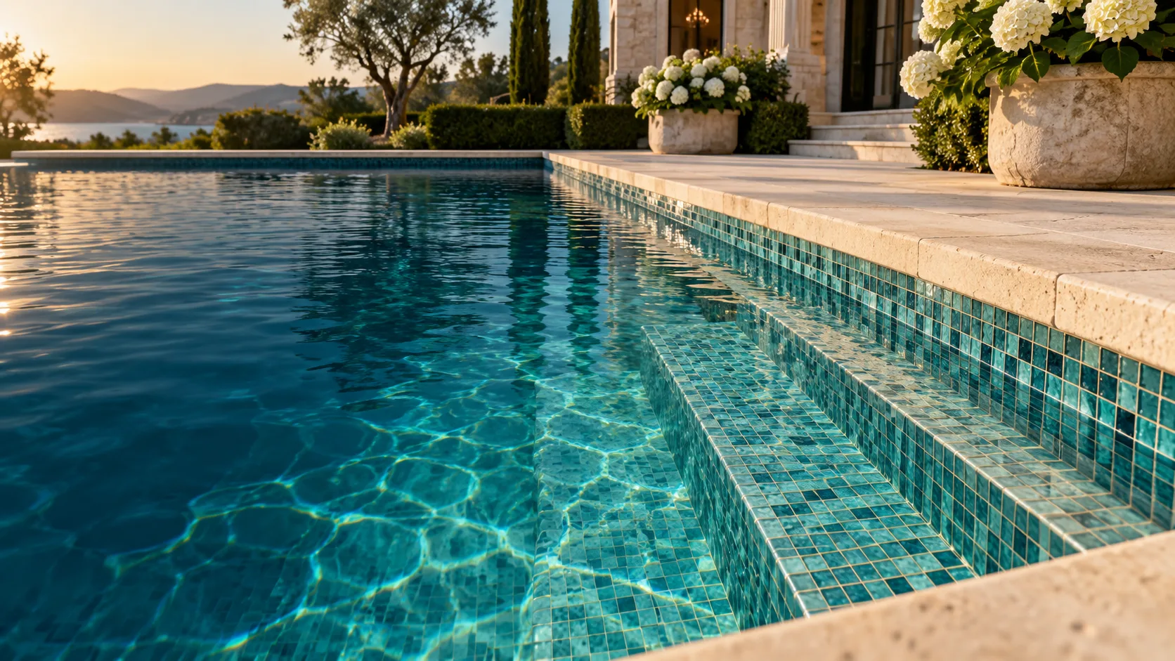Rectangular pool with turquoise glass tile interior and travertine coping beside stone terrace with white hydrangeas
