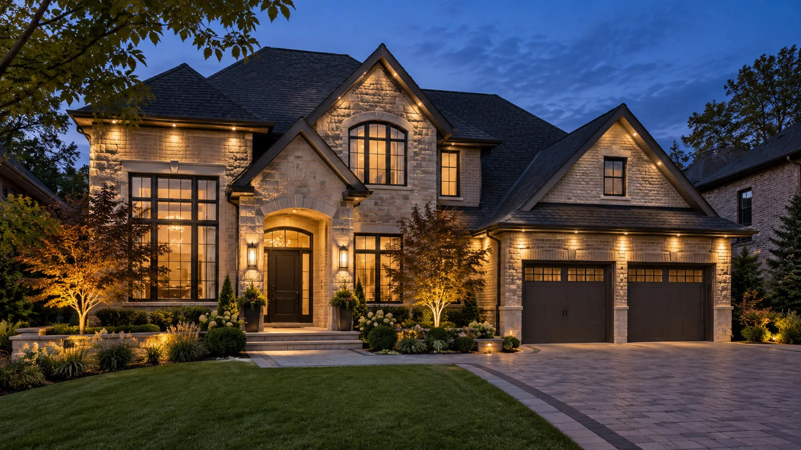 Stone and brick luxury home with illuminated landscaping, paver driveway, uplighting on trees and facade at dusk