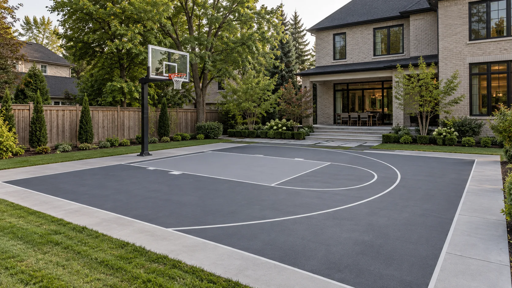 Backyard basketball half-court with gray sport surface, white lines, single hoop, and surrounding concrete border.