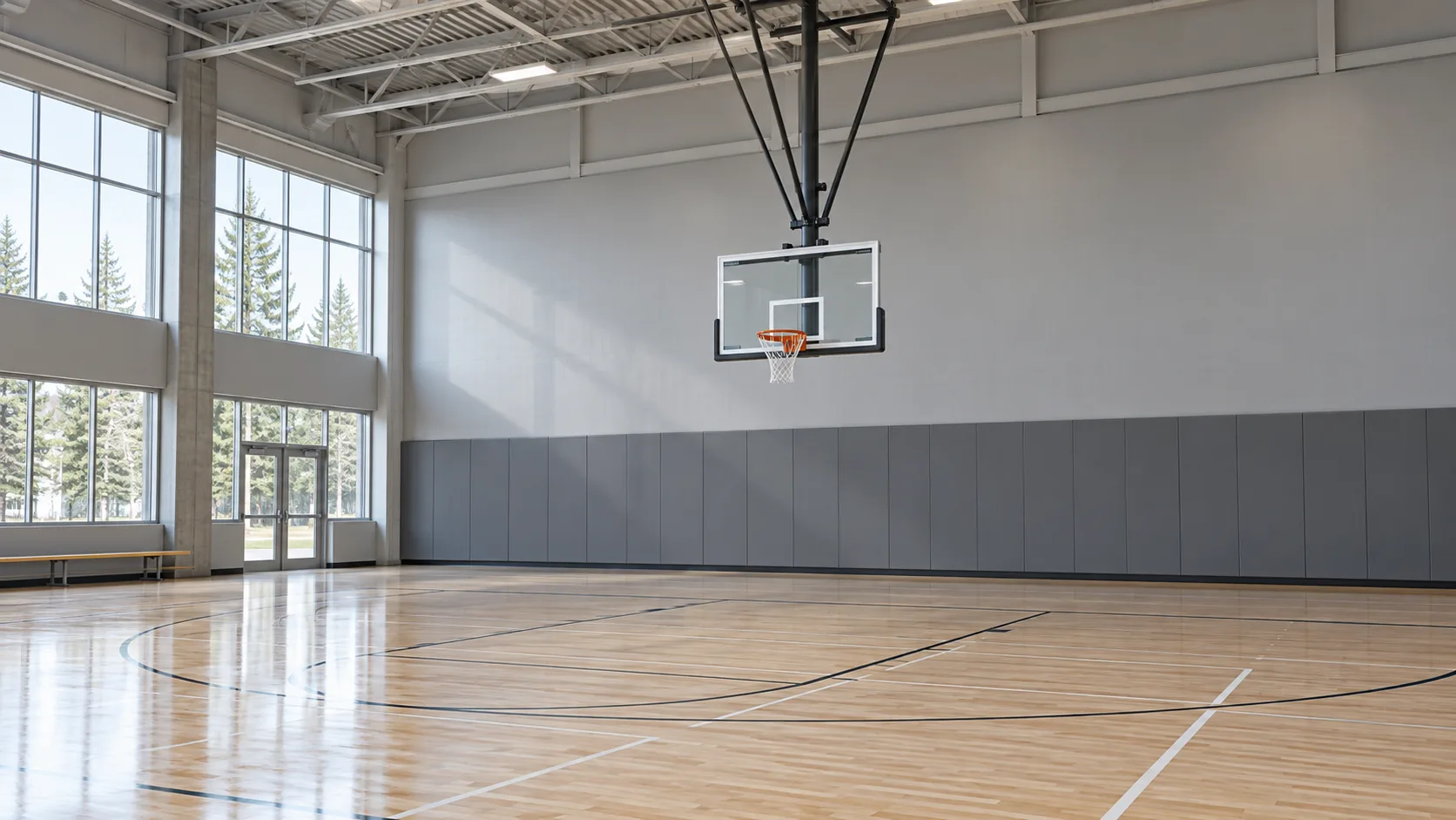 Ceiling-suspended basketball backboard above a spacious indoor court