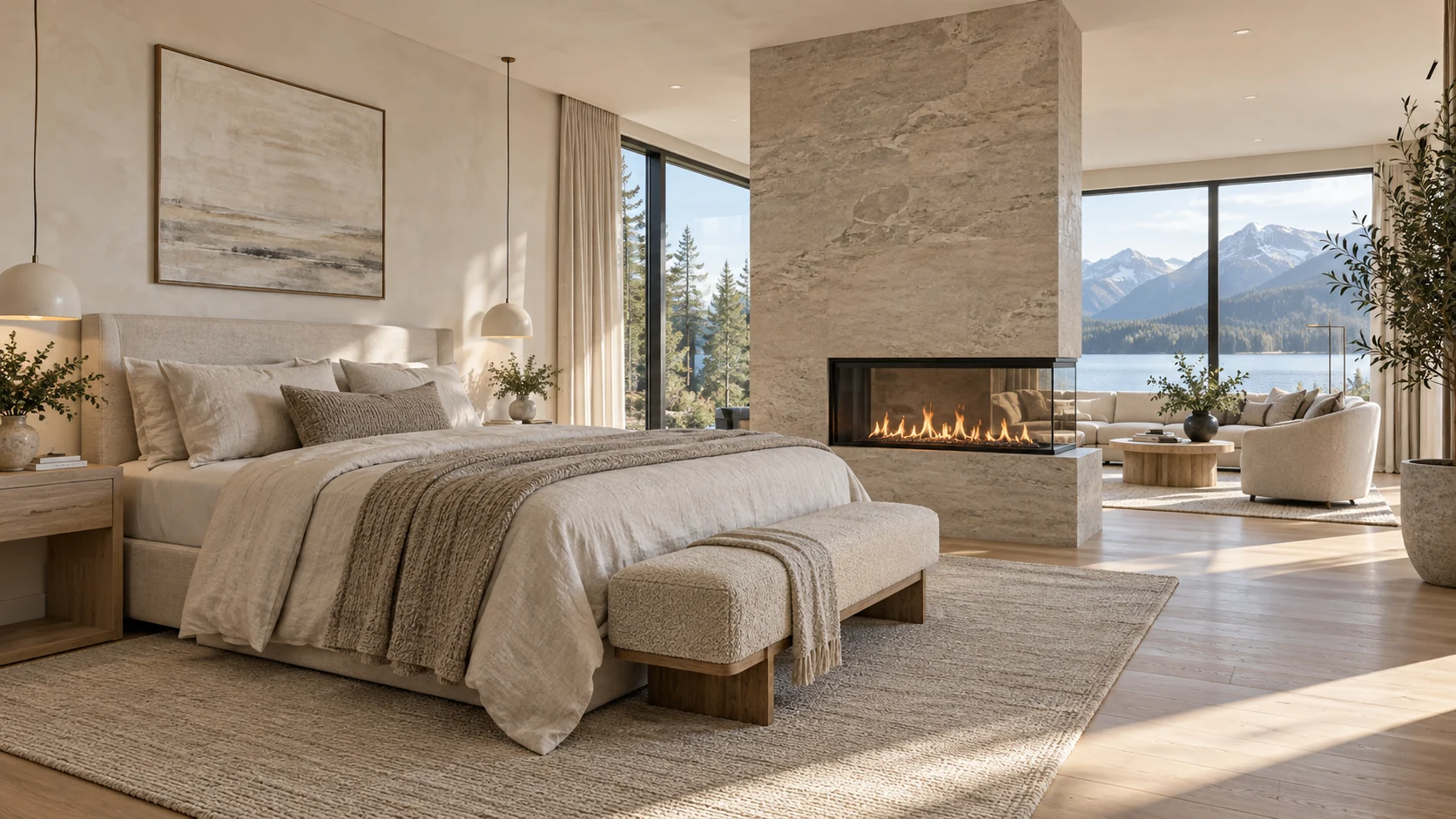 Scandinavian primary bedroom and sitting area with a double-sided stone fireplace