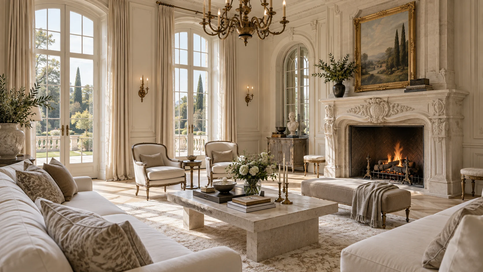 French château salon with carved limestone fireplace mantel and ornate wall mouldings