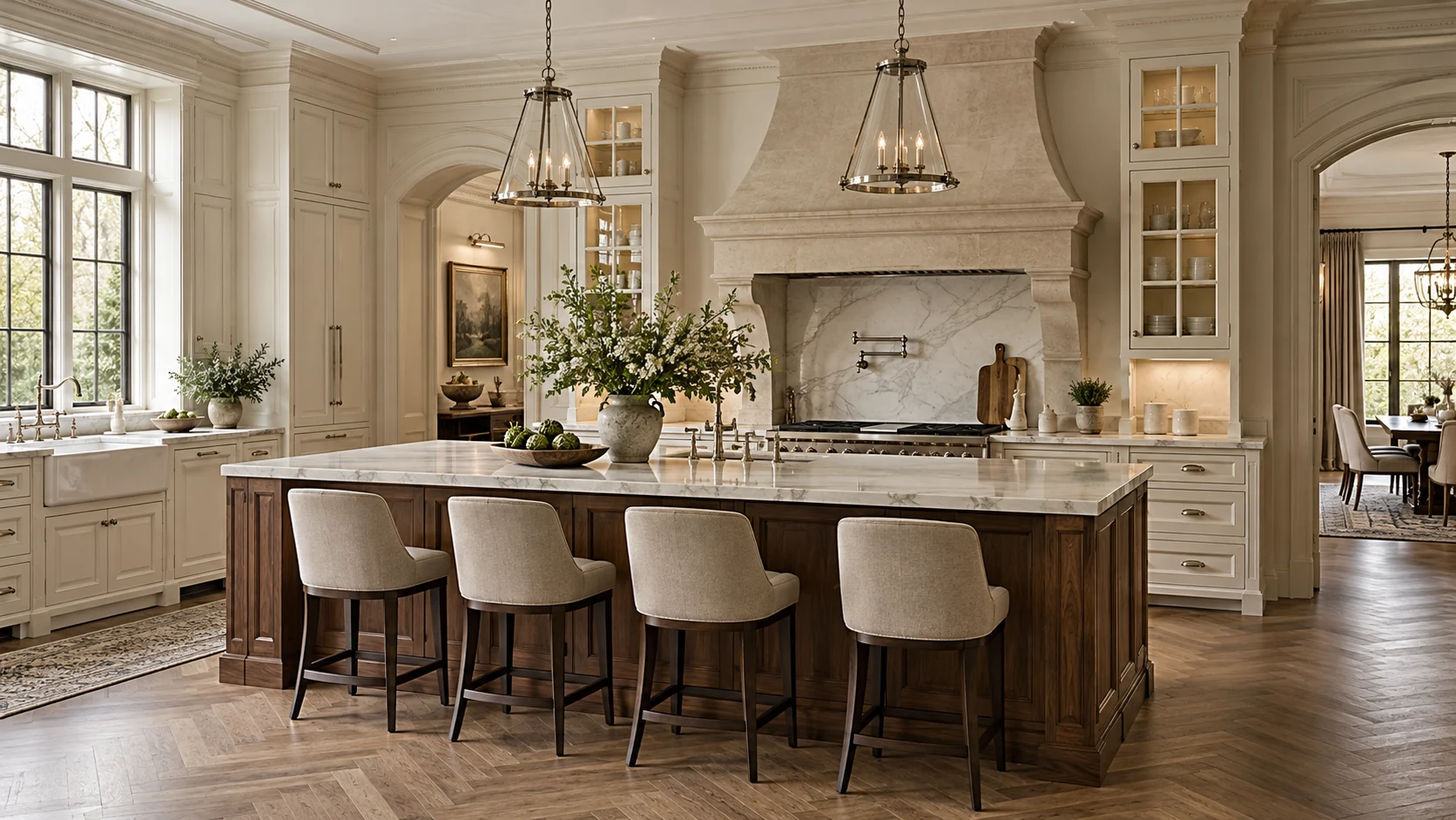 Classic kitchen with inset ivory cabinetry, walnut island and limestone range hood