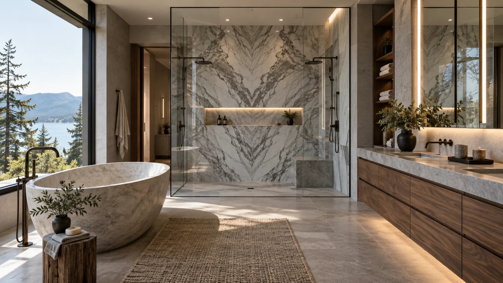 Luxury bathroom with bookmatched marble shower, freestanding stone bathtub and walnut double vanity