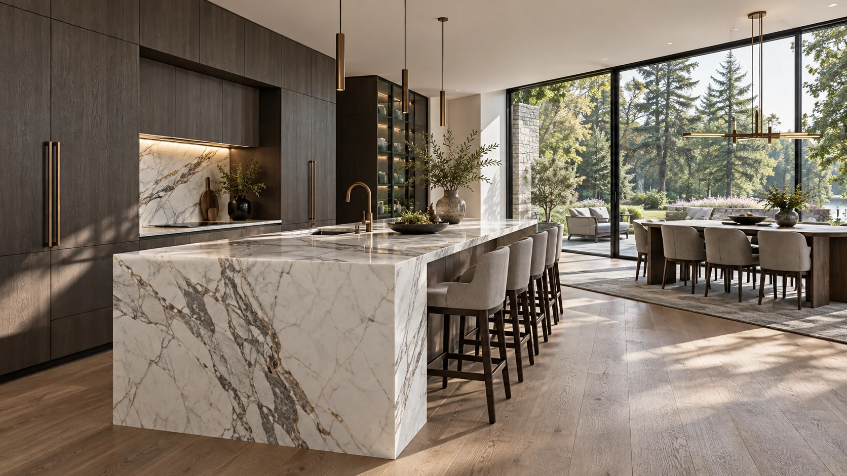 Modern kitchen with dark wood cabinetry, white marble waterfall island with bar seating, and floor-to-ceiling windows overlooking trees