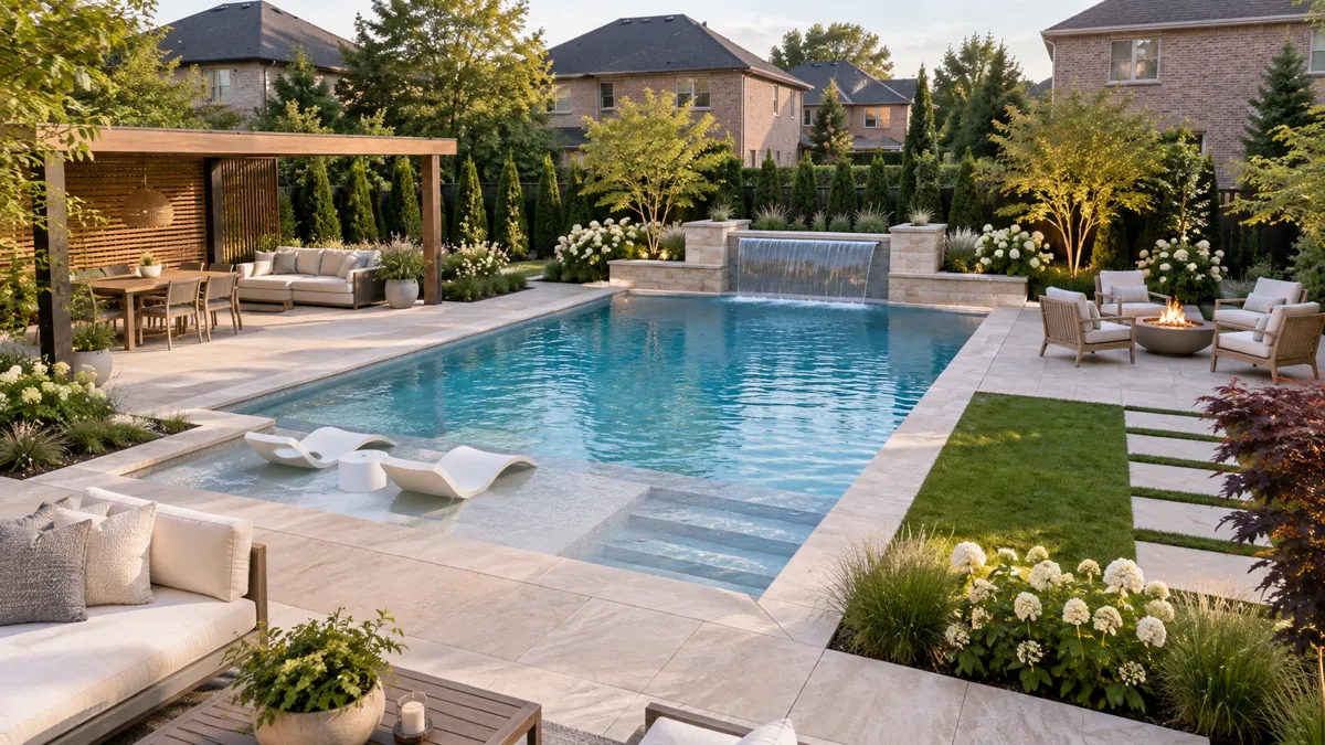 Modern pool with a sun shelf, broad stone waterfall, cedar pergola and garden walls