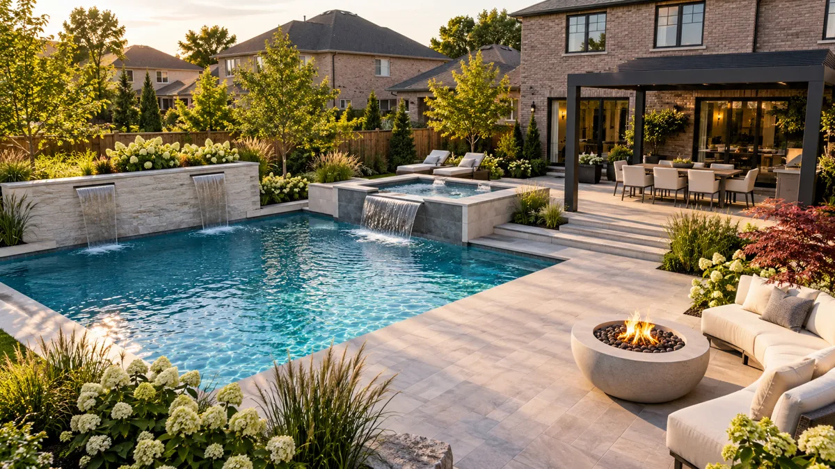 Backyard pool with a raised spillover spa, stone waterfall wall, pergola and round fire bowl