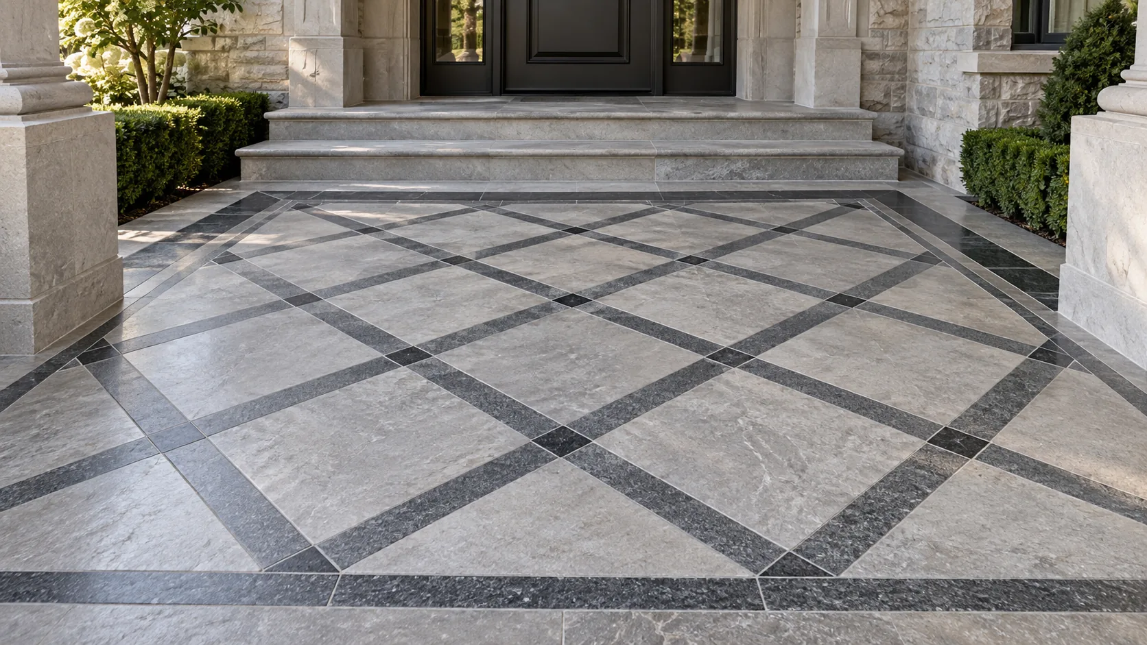 Limestone patio with granite border and diagonal grid pattern leading to stone steps and front entrance