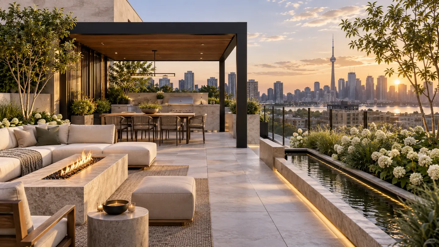 Rooftop terrace with linear reflecting pool, concrete pavers, modern pergola, outdoor kitchen, and Toronto skyline views