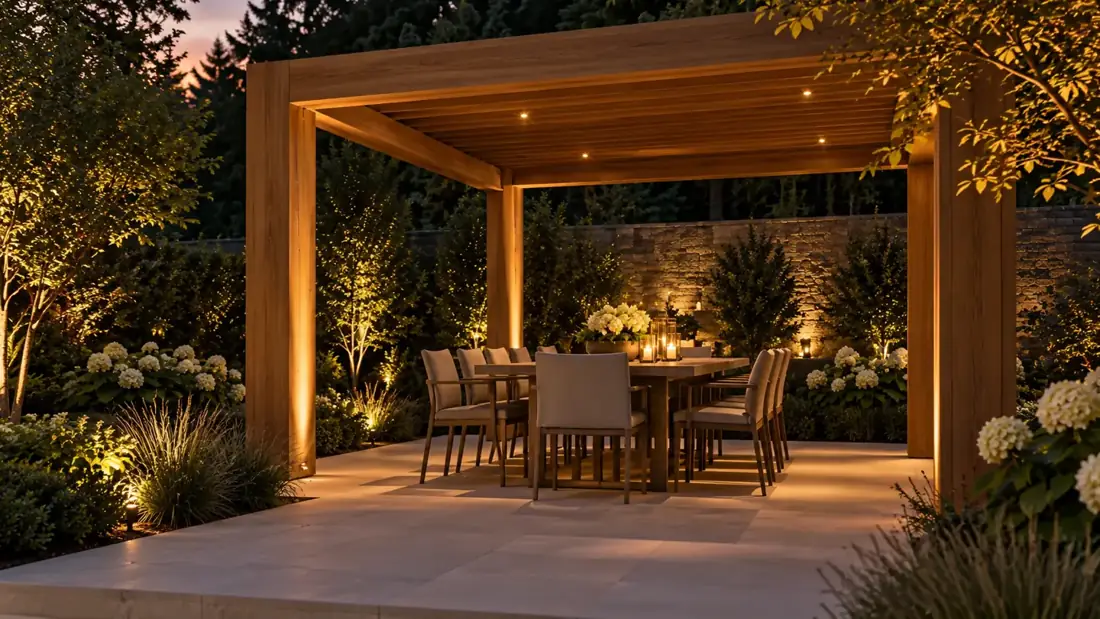 Modern wood pergola with recessed lighting over dining area, uplighting on plantings, stone wall backdrop at dusk