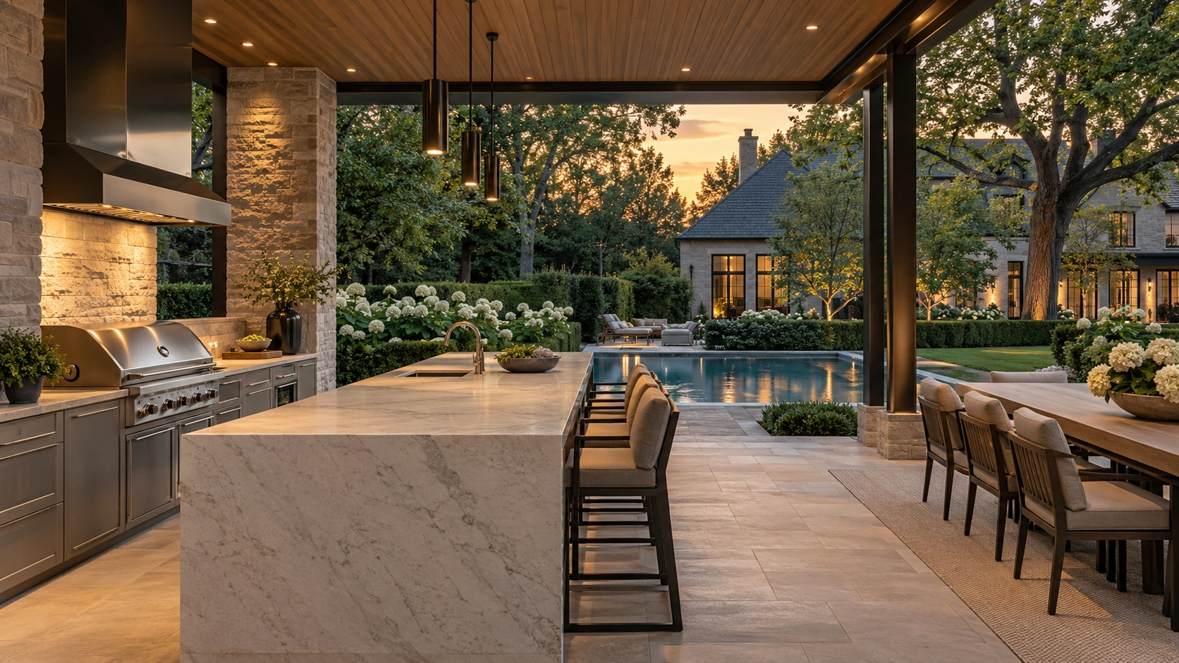 Outdoor kitchen and dining pavilion with stone counters and a view across the pool