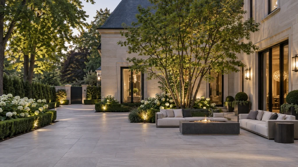 Private stone courtyard with a sculptural tree and an outdoor lounge