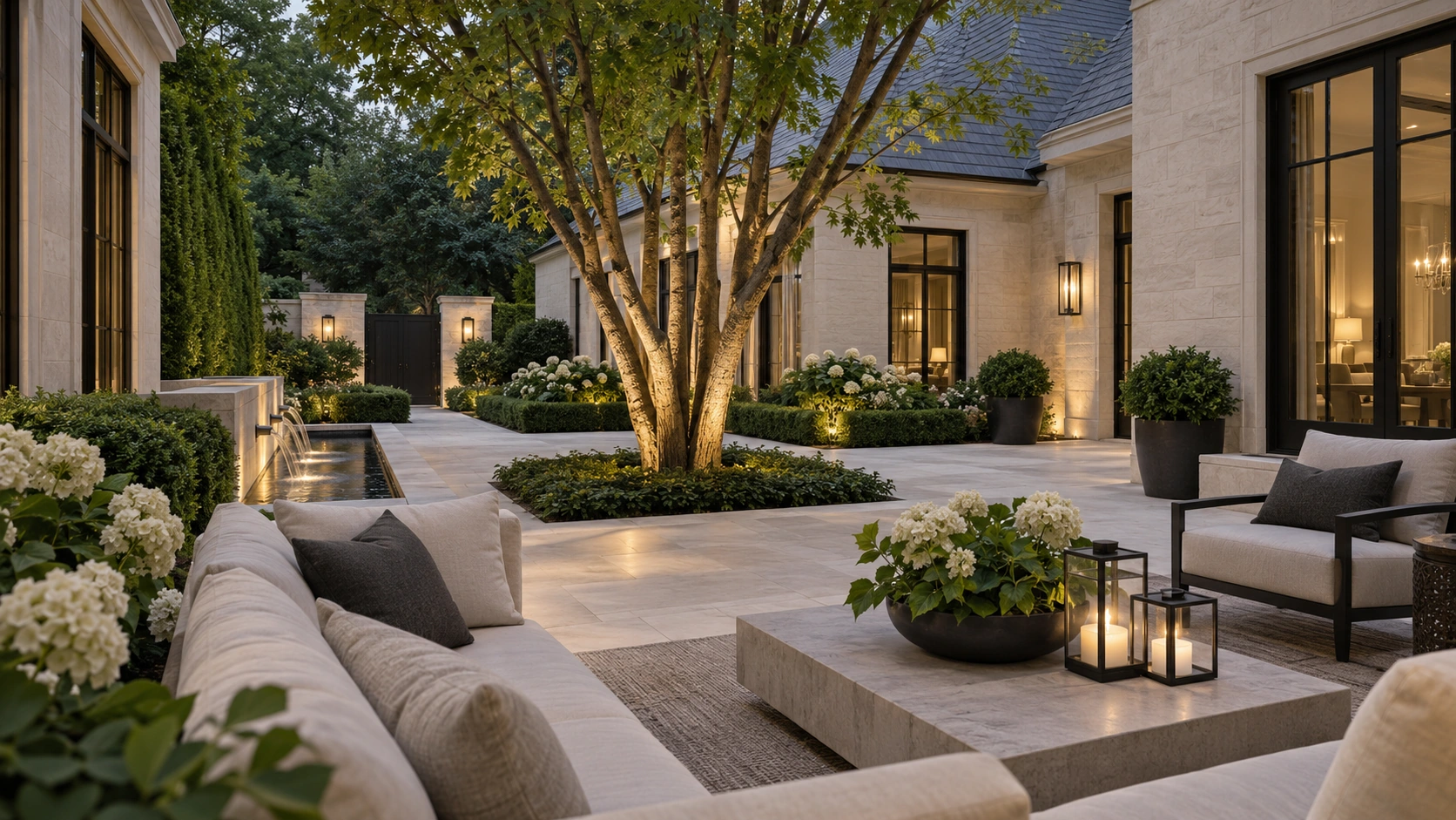 Stone courtyard with fountain and seating — design study