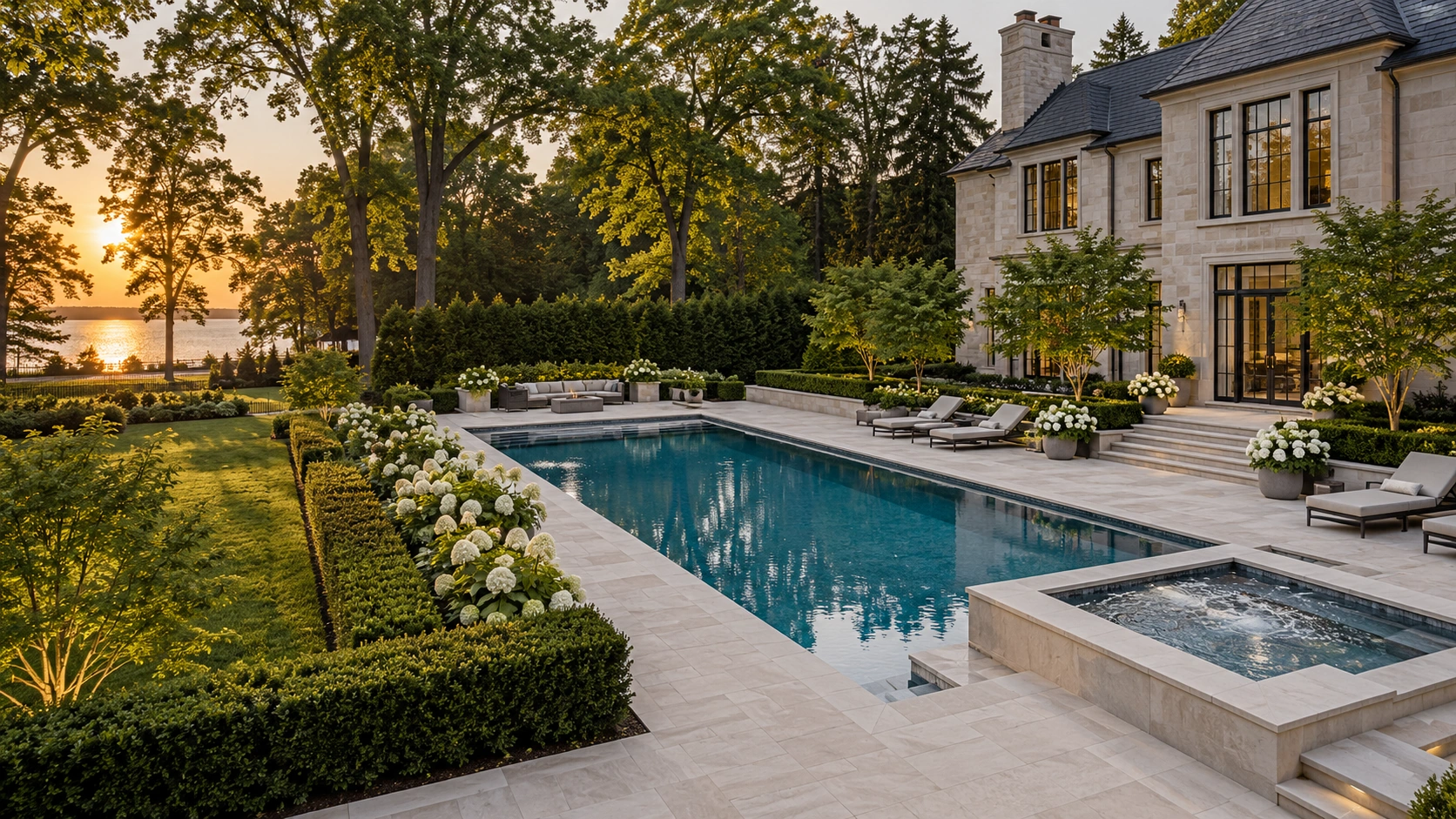 Private estate pool and integrated spa beside a limestone residence with mature maples and hydrangeas