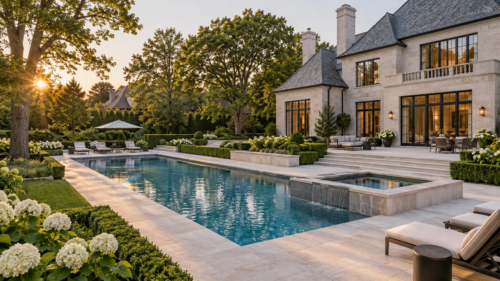 Pool terrace and raised spa overlooking the garden of an Ontario-style stone estate