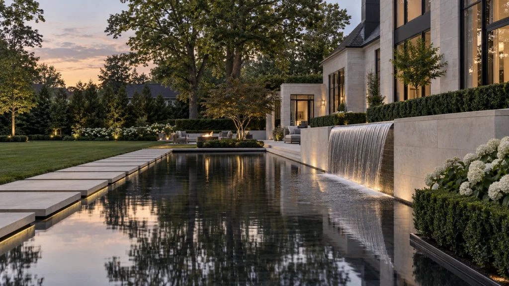 Reflecting pool and sheet waterfall beside a contemporary stone residence