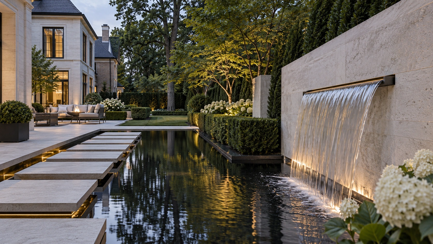 Architectural waterfall and stepping stones in a formal water garden